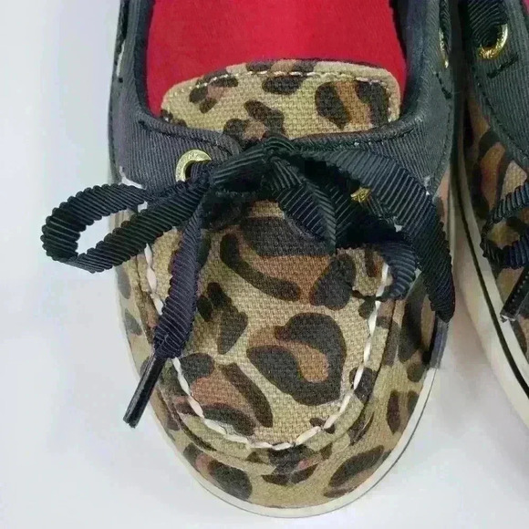 Sperry Top Sider Boat Shoes Leopard Tan Black White Gold Ribbon Laces Size 6M - Picture 3 of 15
